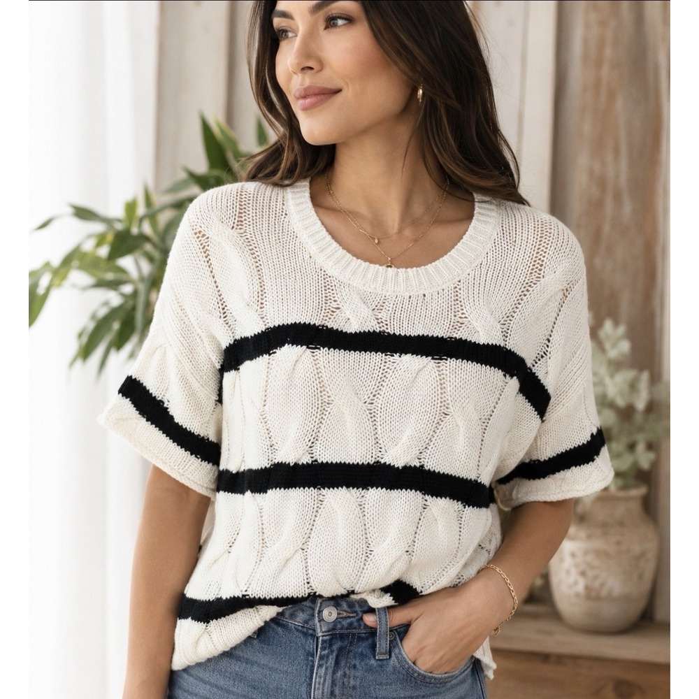 BY TOGETHER Striped Cable Knit Sweater Women's Medium Cream Short Sleeve Chunky